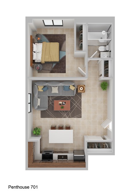 A top-down view of a living room, kitchen, and dining area in a Penthouse 701 apartment.